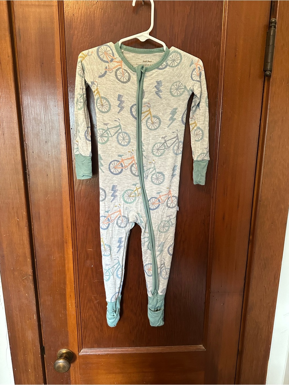 Little Sleepies bamboo Grey Bicycle Print Footed One-Piece with Green Trim